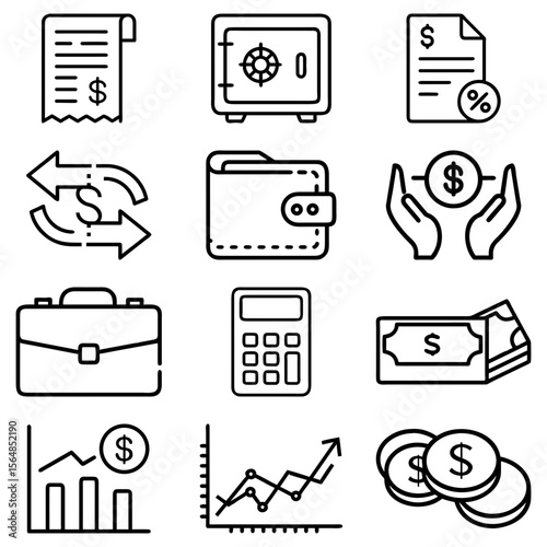Illustration showing financial icons including a safe, wallet, graph, money, and calculator in black outline