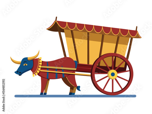 Stylized cartoon illustration of a blue ox pulling a traditional indian bullock cart
