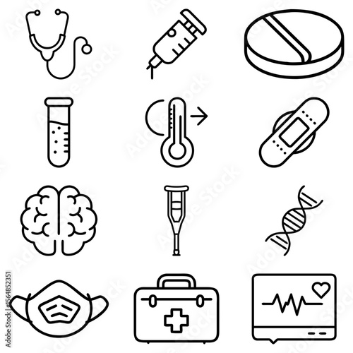 Collection of medical icons including stethoscope syringe brain dna and first aid kit in black outline