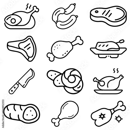 Collection of various cuts of meat including chicken steak sausage and other meat products shown in line art
