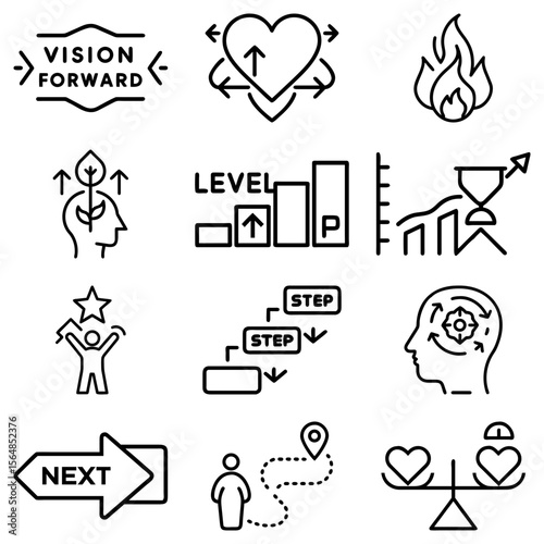 Collection of line art icons depicting growth, progress, vision, and personal development concepts shown here