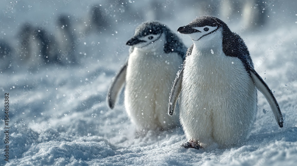 Fototapeta premium Chinstrap penguins navigating the snowy landscape of Antarctica in winter