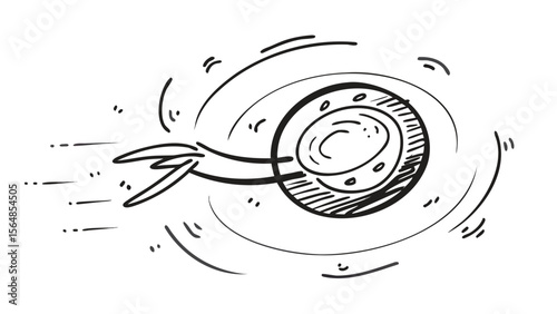 Stylized drawing of a spinning wheel with a tail and motion lines indicating speed and movement