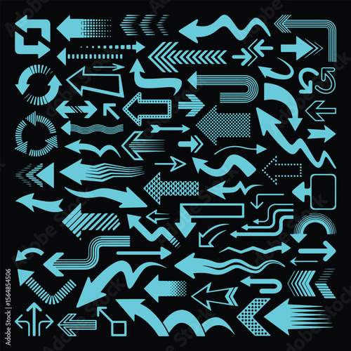 Collection of diverse cyan arrows and directional symbols on a black background