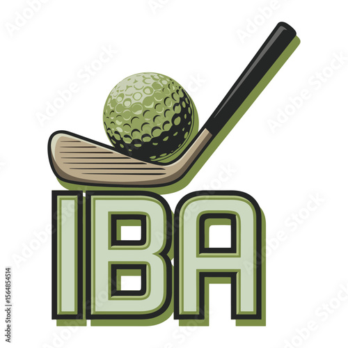 Golf logo with club ball, and “IBA” lettering for sports branding and tournaments vector illustration.