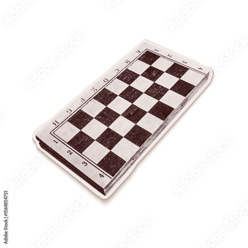 Trendy halftone collage of a chessboard cut out an old newspaper. Isolated vector illustration grayscale retro sticker with Bitmap and Dots texture. Vintage Pop art aesthetic, 80s-90s vibe, nostalgic