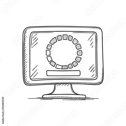 A monitor displaying a software update with spinning icon