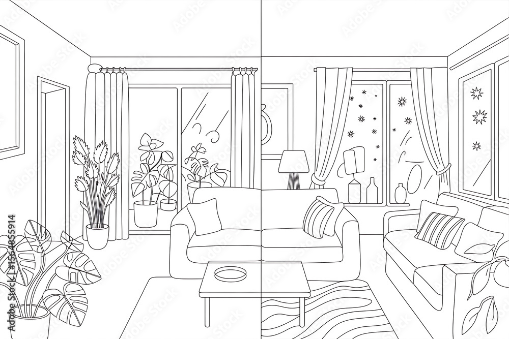 Fototapeta premium Interior living room scene, detailed line drawing. 
