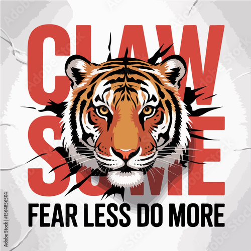 Fierce tiger face breaks through red letters inspiring fearless action