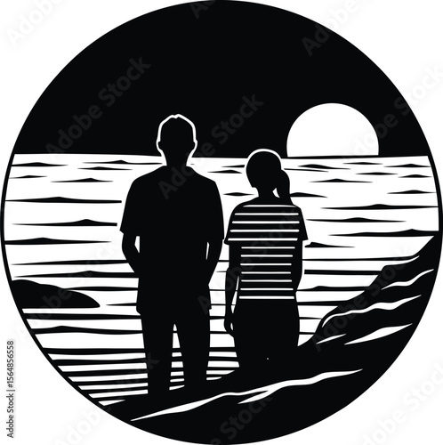 Couple watching Sunset at beach silhouette 