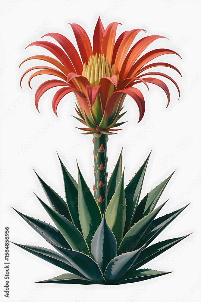 Obraz premium Vibrant red flower atop a spiky green agave plant. 