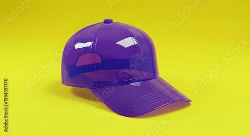 Brightly colored clear purple cap with a quirky face design, pop art style, fun fashion accessory, minimalist background, studio shot, playful design element