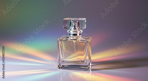 A clear glass perfume bottle, beautifully lit with iridescent light Modern and elegant perfume bottle illuminated by stunning prismatic light, highlighting its design.