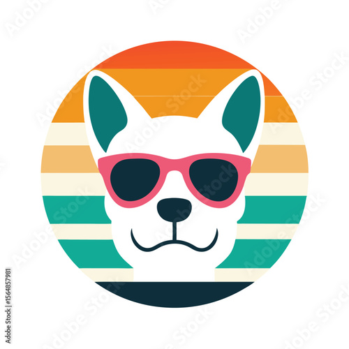 Dog Face in Shiny Sunglasses on Retro Sunset