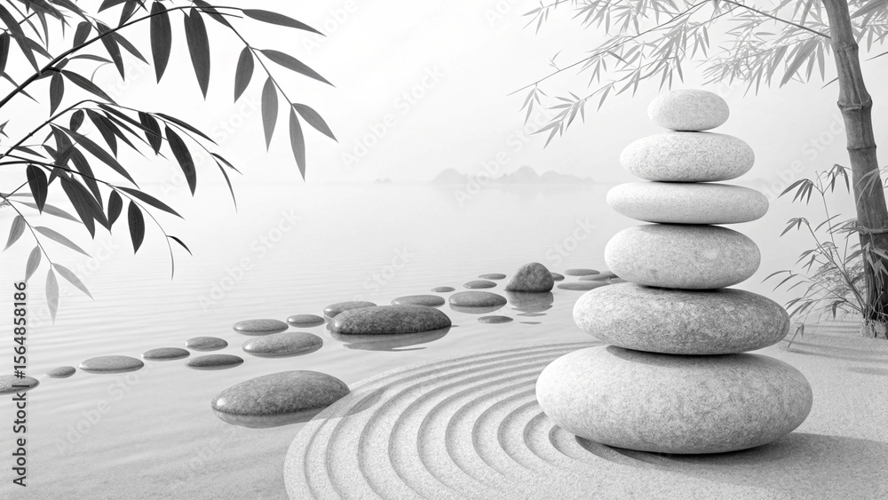 Zen stones and bamboo create a serene spa balance, with pebbles stacked in harmony on the beach Zen stones and bamboo create a serene spa balance, with pebbles stacked in harmony on the beach