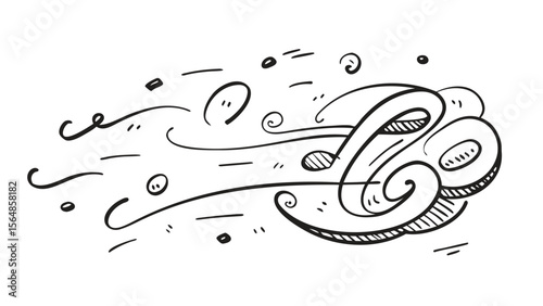 Illustration of a stylized wind gust with swirling lines and small circular particles blowing around