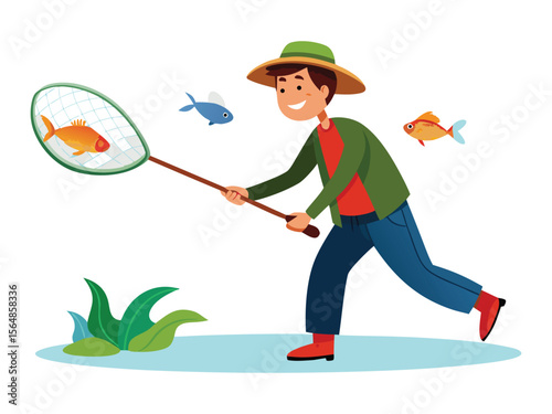 Joyful young boy wearing a hat and boots catches a goldfish with a net

