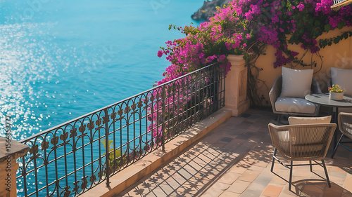 Ocean view balcony with bougainvillea and patio furniture.
