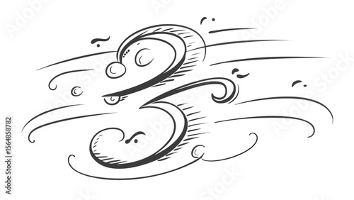 Stylized number three with decorative lines and swirls in black and white sketch style drawing