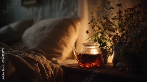 Gentle light casting on herbal tea by bedside, creating a calming nighttime scene, tea relaxation sleep. High quality