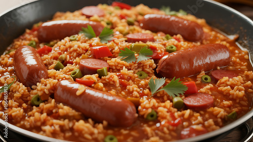 Sausage and rice dish, vibrant colors, flavorful.
