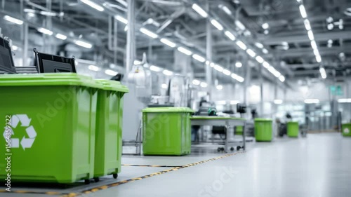 recycling containers and industrial bins for paper, plastic, and metal waste in a warehouse, park,  factory