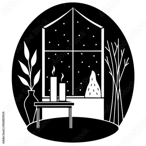 A room interior with a window looking out onto trees and sky, with a side table holding a plant and candle. Calm and airy.