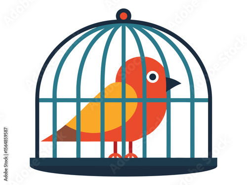 Stylized red and yellow bird inside a blue and dark blue cage on a white background
