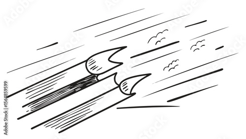 Illustration of two stylized rockets flying through the sky with birds and diagonal lines