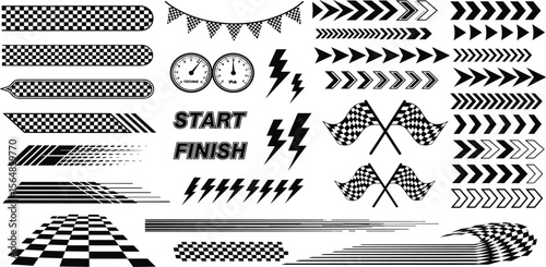 racing stripe vector set, racing flags, checkered patterns, speed lines, arrows, and start finish banners illustration, race element for motorsport designs