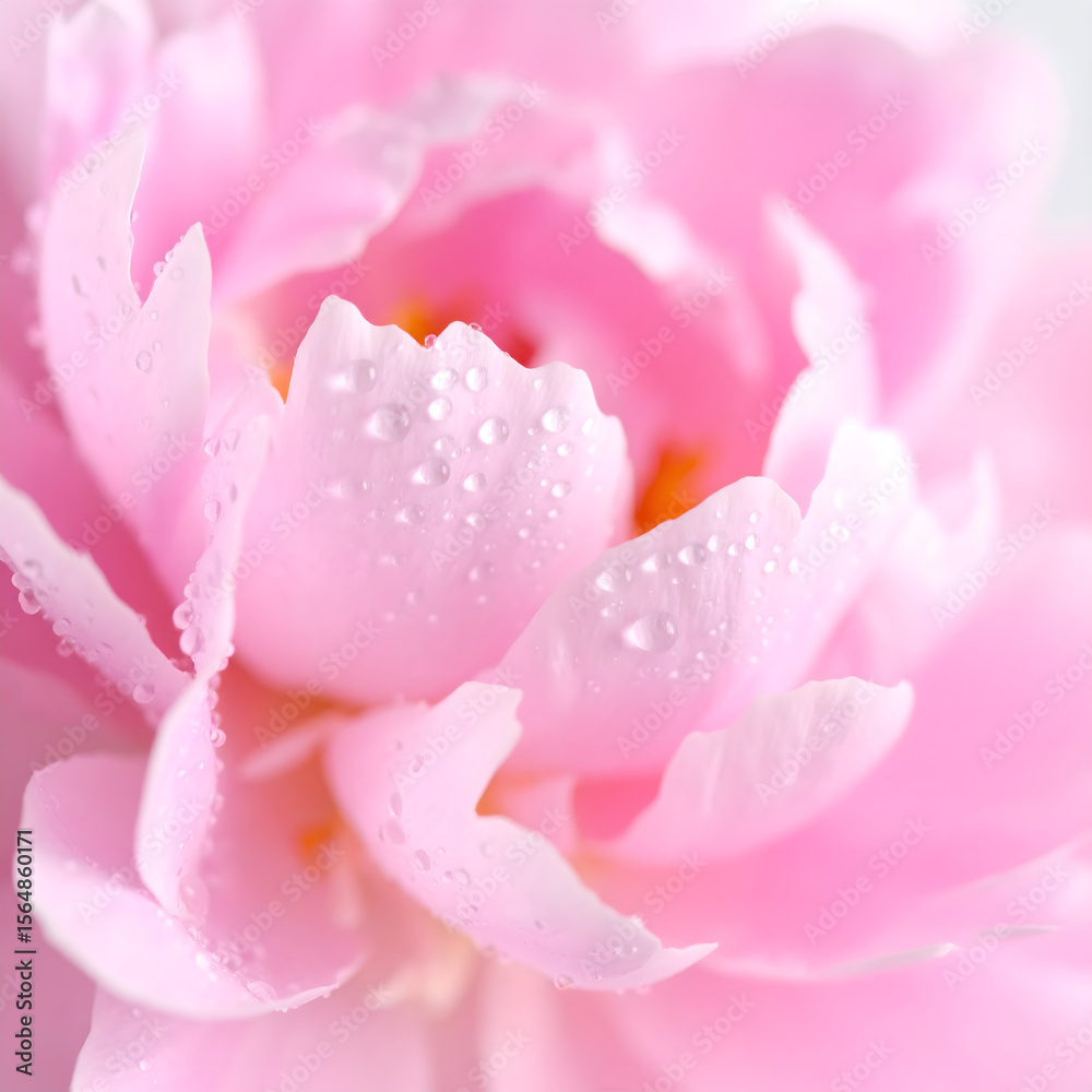 Fototapeta premium Close-up of a pink peony flower with water droplets on its delicate petals, showcasing its soft texture.