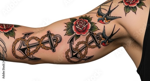 Traditional American style arm tattoos featuring anchors, roses, and swallows.
