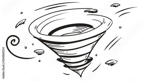 Illustration of a swirling tornado with debris and wind lines in a black and white drawing style