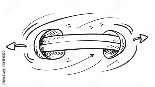 Illustration of a cylindrical object with curved ends and arrows indicating movement around it