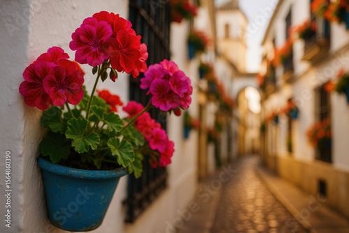 Vibrant Andalusian Geraniums Blooming in Terracotta Pots Along Sunlit Streets of  famous city.