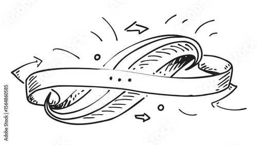 Hand drawn ribbon banner with arrows and decorative elements in black and white illustration style