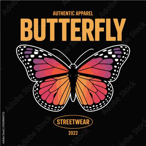 Bold butterfly graphic with authentic apparel streetwear text and 2022 year
