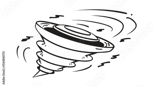 Illustration of a spinning top with swirling lines around it in black and white outline style