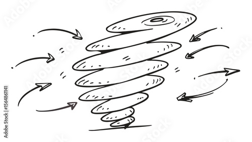 Hand drawn sketch of a tornado with swirling shapes and arrows indicating the wind direction around it
