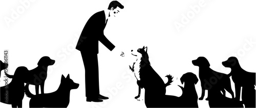 Man shaking hand dog paw surrounded by group of dogs black silhouettes isolated on white background.
