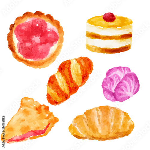 a painting of a variety of pastries