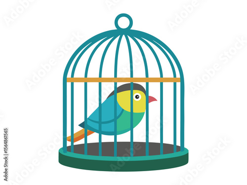 A colorful cartoon bird with blue yellow and orange plumage sits inside a teal birdcage
