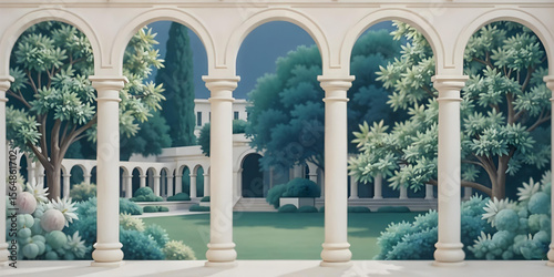 Roman Garden Landscape Vector – Ancient Arch, Classical Architecture and Botanical Elements, Traditional Vintage Wallpaper Illustration for Interior Decor