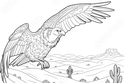 A condor soars above a desert landscape.
