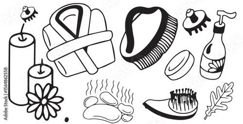 Doodle of Sauna Essentials, Black and White Vector Illustration 