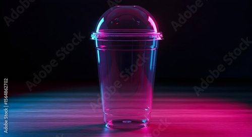 Vibrant plastic tumbler against a dark background Contemporary empty cup mock-up, showcasing its form with captivating futuristic neon illumination.