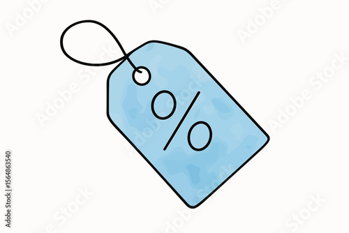 Blue tag with percent sign – one line doodle drawing with watercolor fill, minimalistic vector illustration on white background