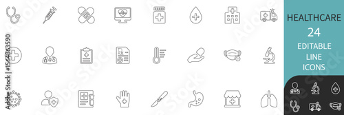Healthcare best editable line icon set collection. Modern medical icons including hospital, doctor, virus, prescription, stethoscope. perfect for apps, websites and infographics.