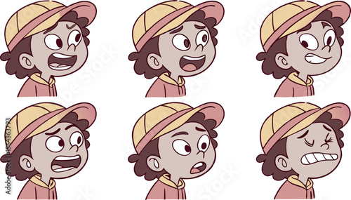 Cartoon kid expressing various emotions with different facial expressions

