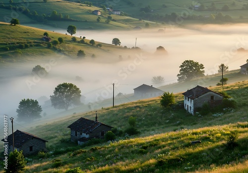 Tranquil Village Hillside Emerging Through Gentle Morning Fog